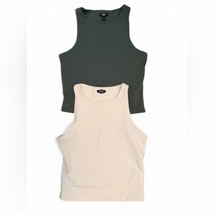 Express Ribbed High-Neck Tank Set in Cream & Forest Green